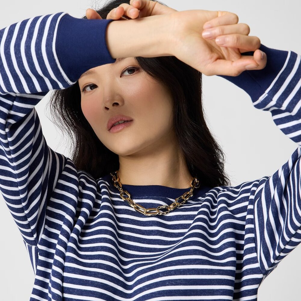 J. Crew Antique Navy/White Striped Crewneck Pullover Sweatshirt/NWT/XL - Picture 2 of 12